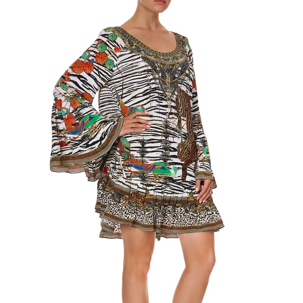 Camilla A Line Frill animal print silk Dress